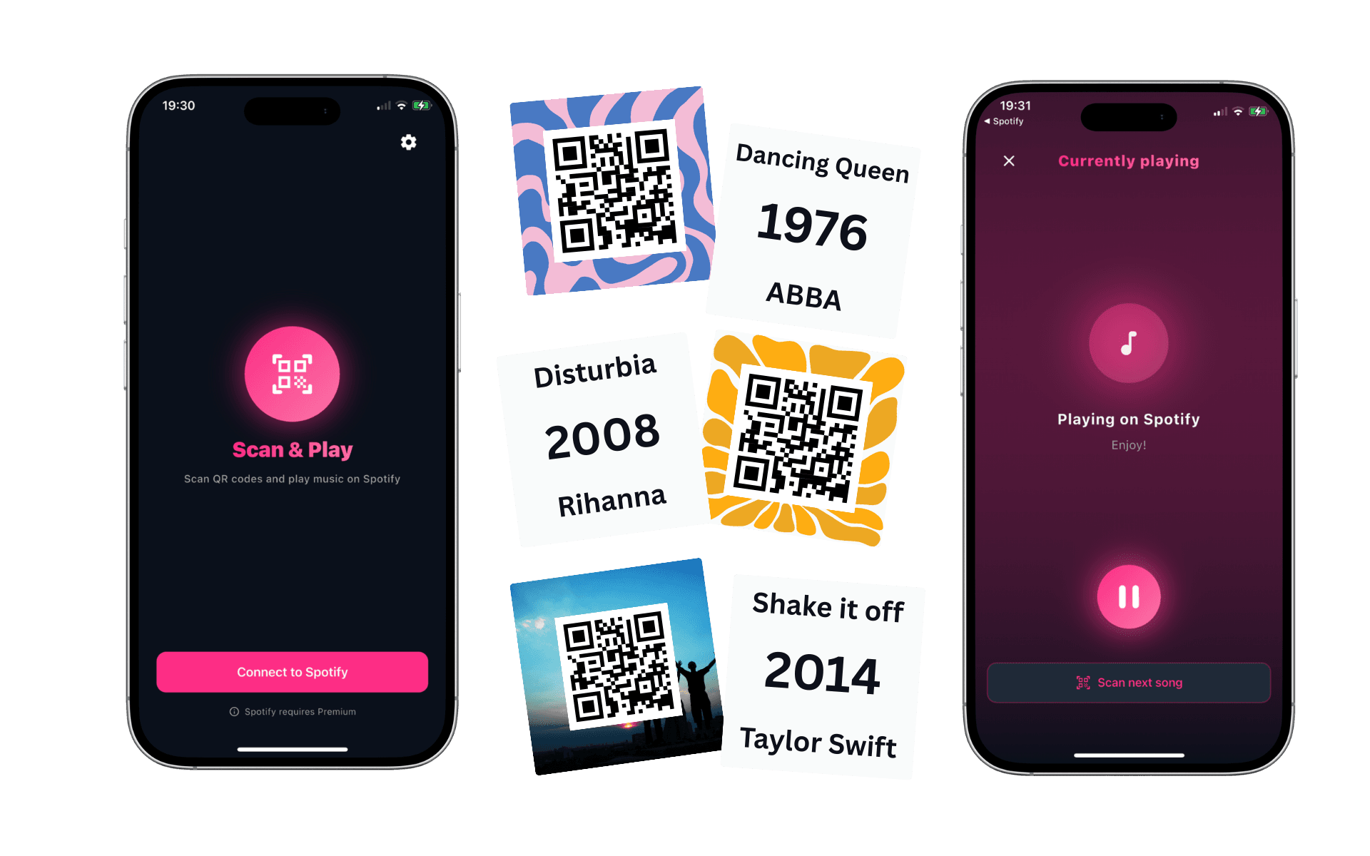 QR Music Timeline Quiz - Cards and smartphones showing the scanning and playback experience